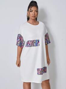 SHEIN Vestido estilo camiseta con estampado de cómic de hombros caídos - Blanco - Ver 3