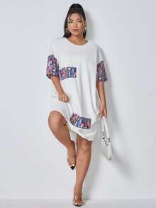 SHEIN Vestido estilo camiseta con estampado de cómic de hombros caídos - Blanco - Ver 4