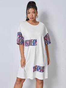 SHEIN Vestido estilo camiseta con estampado de cómic de hombros caídos - Blanco - Ver 5