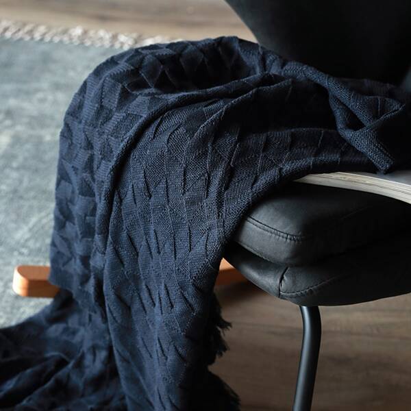 

Fringe Hem Knitted Blanket, Navy blue
