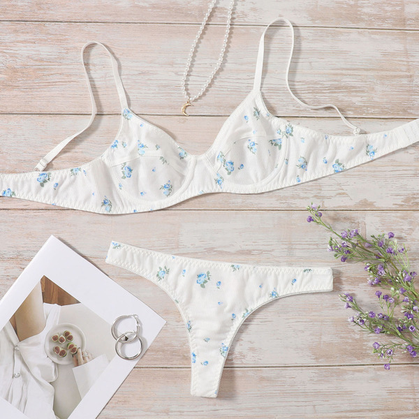 

Floral Underwire Thong Lingerie Set, White