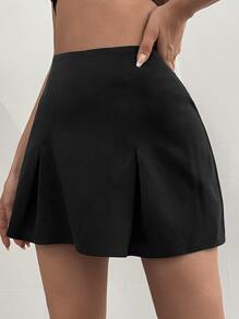 Solid Plicated Mini Skirt - Black - View 5