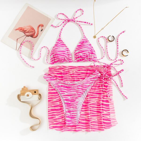 

3pack Zebra Striped High Cut Bikini Swimsuit & Beach Skirt, Pink