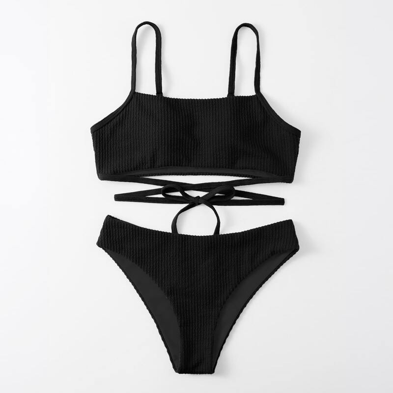 

Solid Criss Cross Bikini Swimsuit, Black
