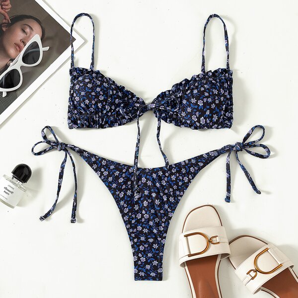 

Floral Tie Side Bikini Swimsuit, Multicolor