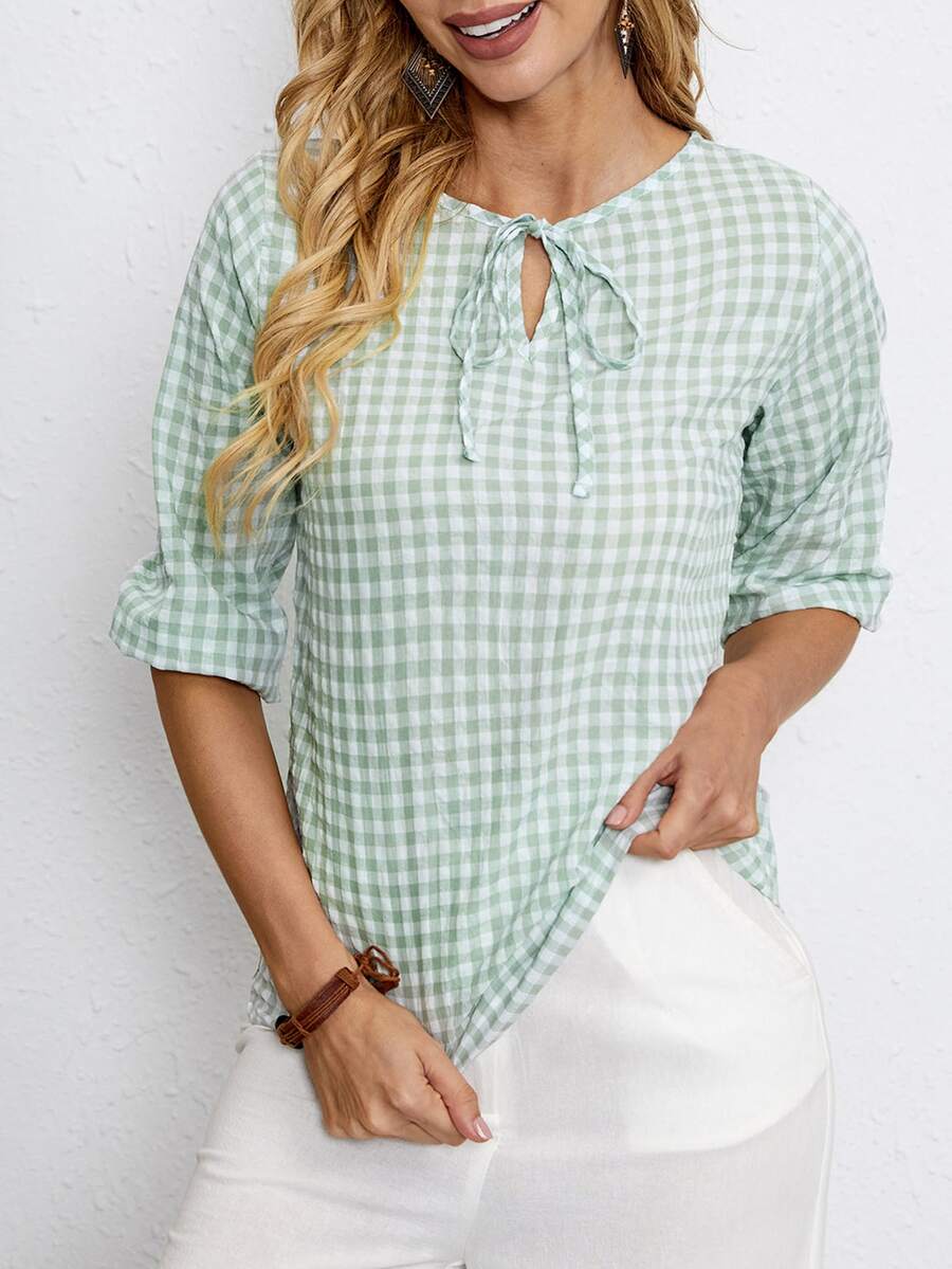 Gingham Print Tie Neck Blouse - Mint Green - View 1