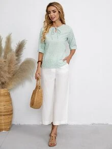 Gingham Print Tie Neck Blouse - Mint Green - View 3
