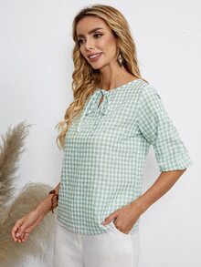 Gingham Print Tie Neck Blouse - Mint Green - View 4