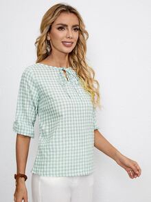 Gingham Print Tie Neck Blouse - Mint Green - View 5
