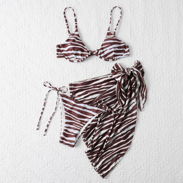 

3pack Zebra Striped Underwire Bikini Swimsuit & Beach Skirt, Coffee brown