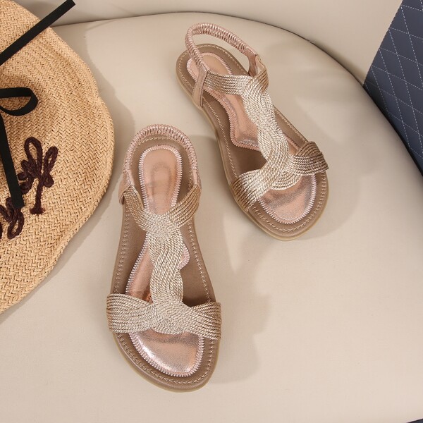 

Metallic Straw Design Strappy Sandals, Champagne