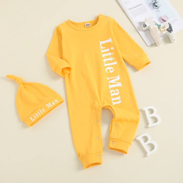 

Baby Boy Letter Graphic Jumpsuit With Hat, Yellow