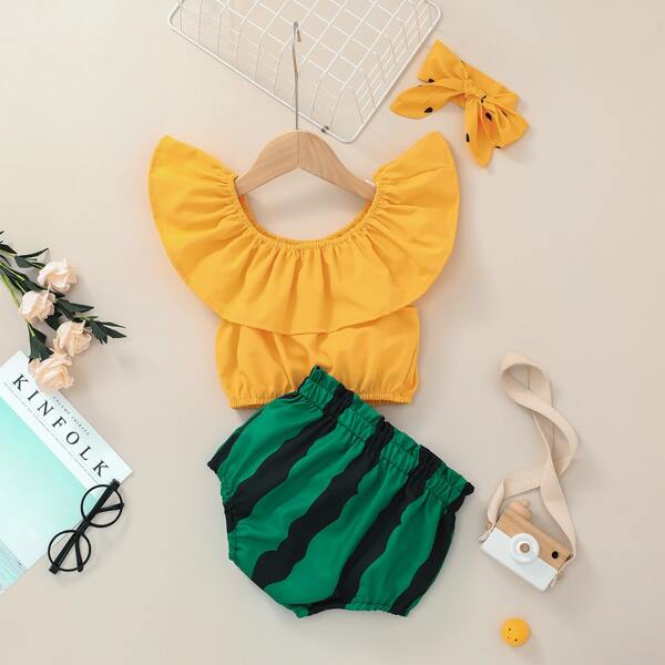 

Baby Girl Flounce Trim Blouse & Paper Bag Waist Shorts & Headband, Multicolor