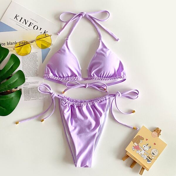 

Solid Micro Triangle Thong Bikini Swimsuit, Mauve purple