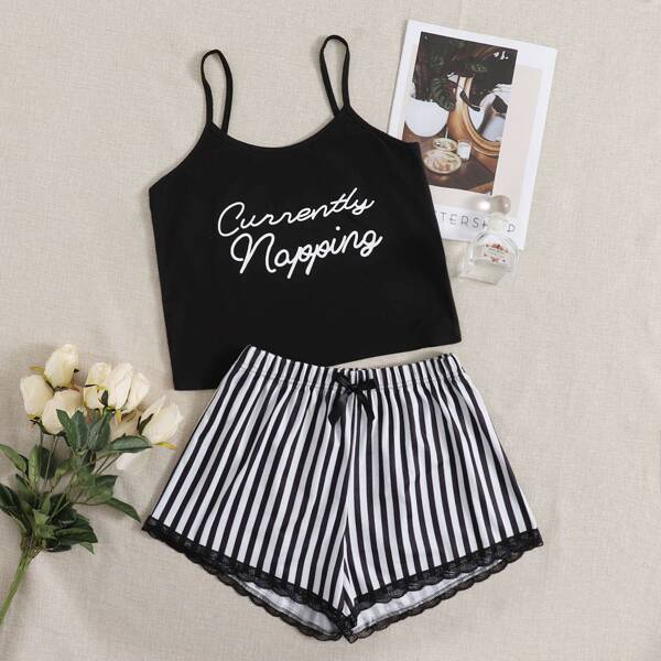 

Letter Graphic Cami Top & Striped Print Lace Trim Shorts PJ Set, Black and white