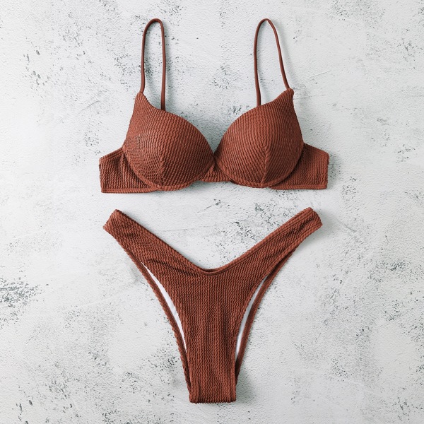 

Solid Push Up High Cut Bikini Swimsuit, Rust brown