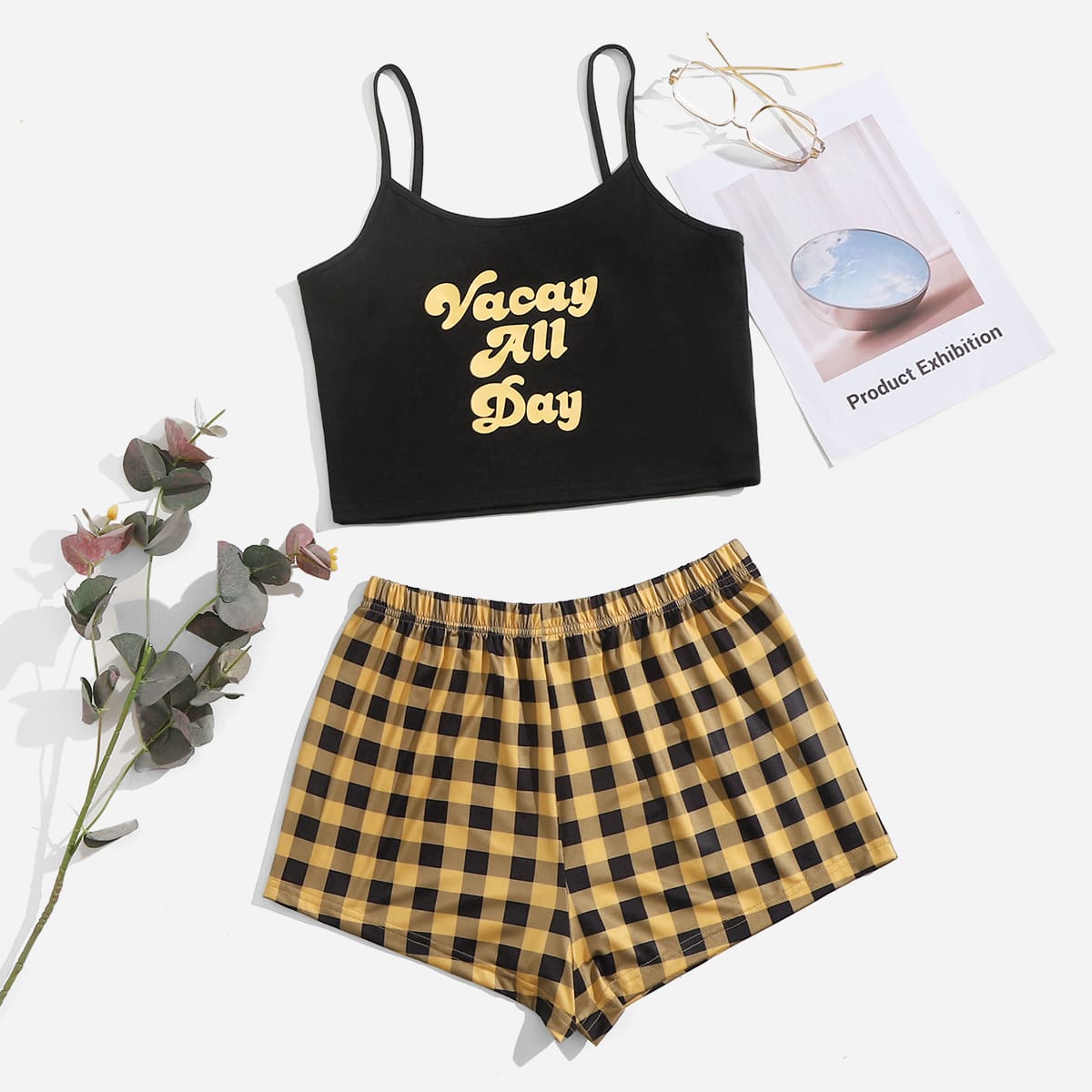 

Letter Graphic Crop Cami Top & Gingham Print Shorts PJ Set, Multicolor