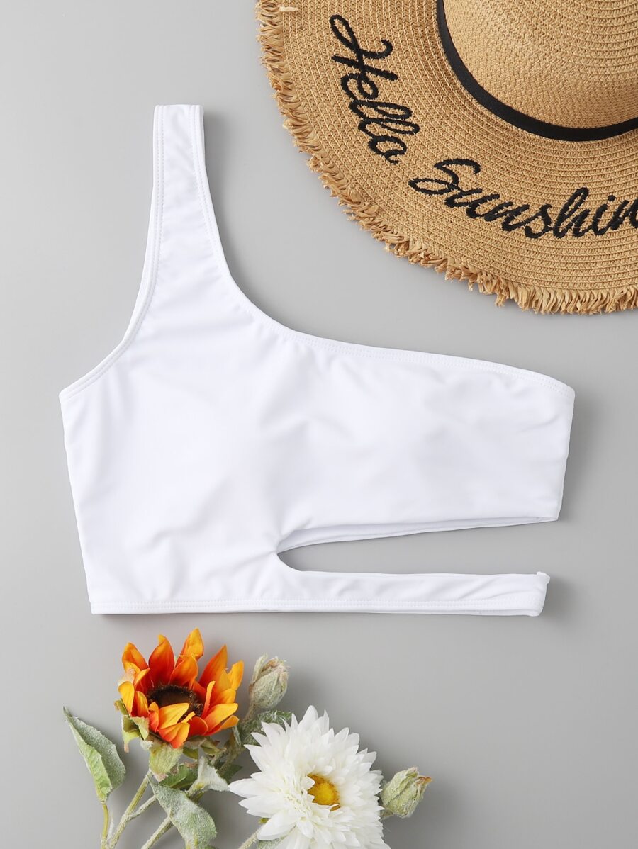Summer Solid One Shoulder Cut Out Bikini Top - White - View 1