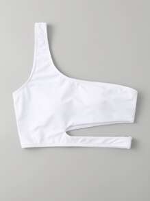 Summer Solid One Shoulder Cut Out Bikini Top - White - View 3