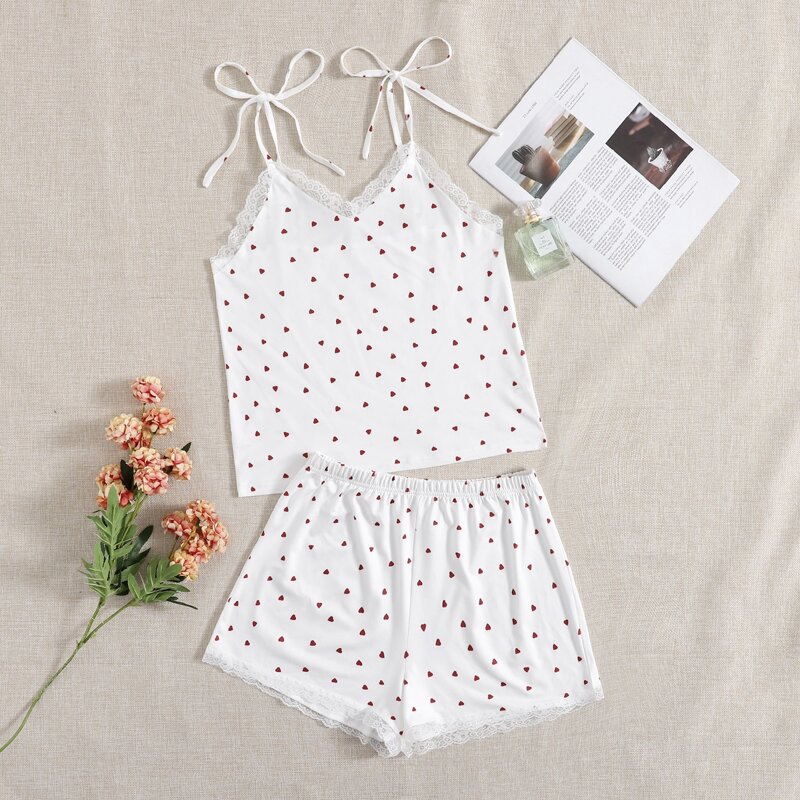 

Heart Print Tie Shoulder Lace Trim Cami Top & Shorts PJ Set, White