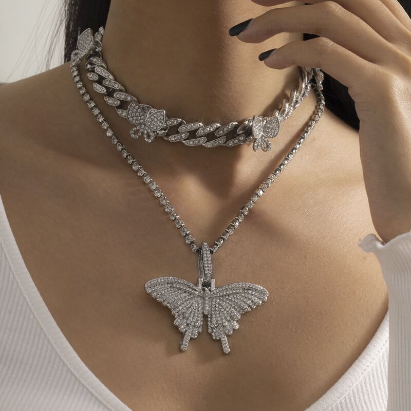 

2pcs Rhinestone Butterfly Necklace, Silver