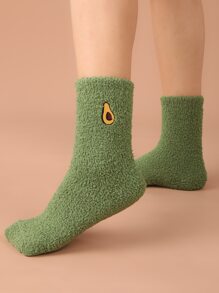 水果刺繡毛絨襪子 - 綠色 - 查看 1