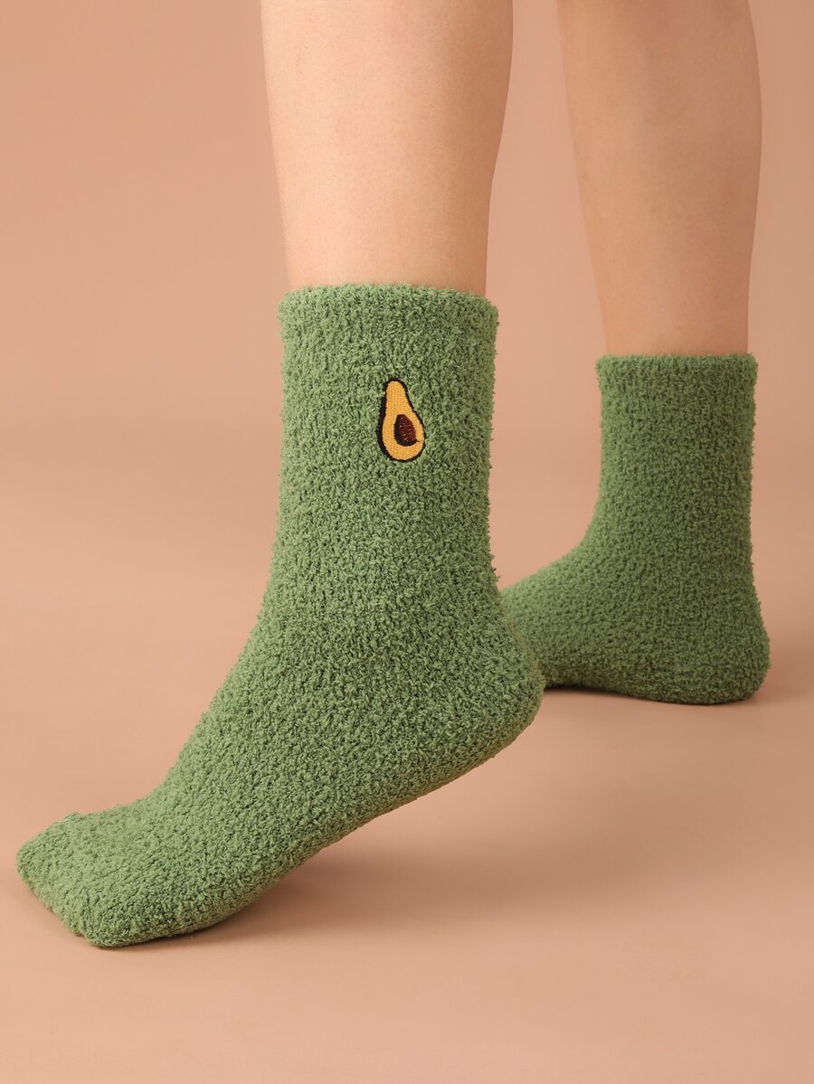水果刺繡毛絨襪子 - 綠色 - 查看 1