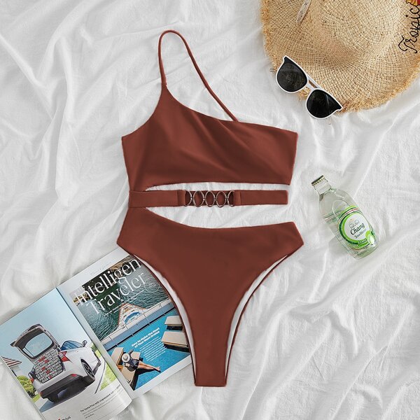 

Solid Ring Linked Cut-out Waist One Piece Swimsuit, Redwood