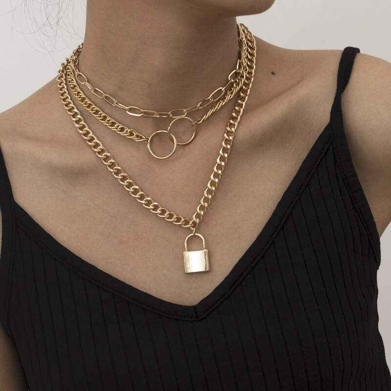 

3pcs Lock Decor Chain Necklace, Gold