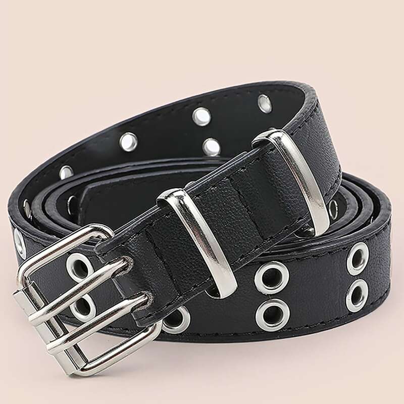 

Eyelet Decor Buckle Belt, Black