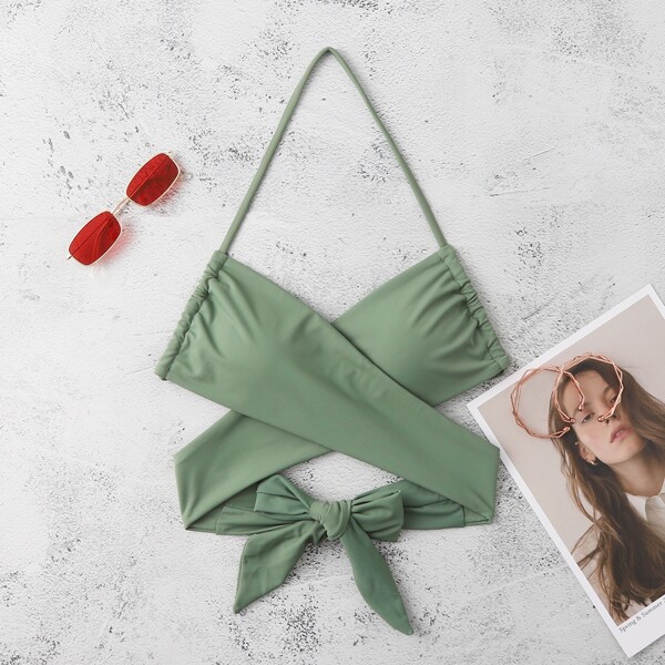 

Solid Wrap Halter Tankini Top, Army green