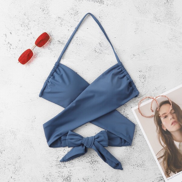 

Solid Wrap Halter Tankini Top, Dusty blue