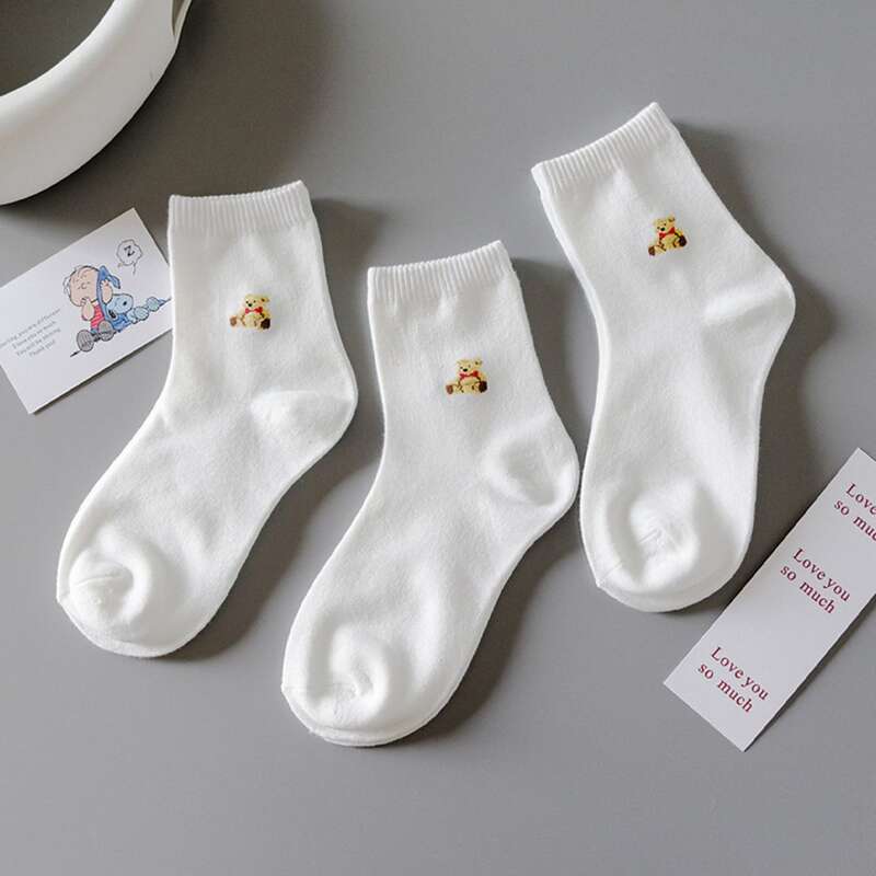 

3pairs Bear Graphic Crew Socks, White