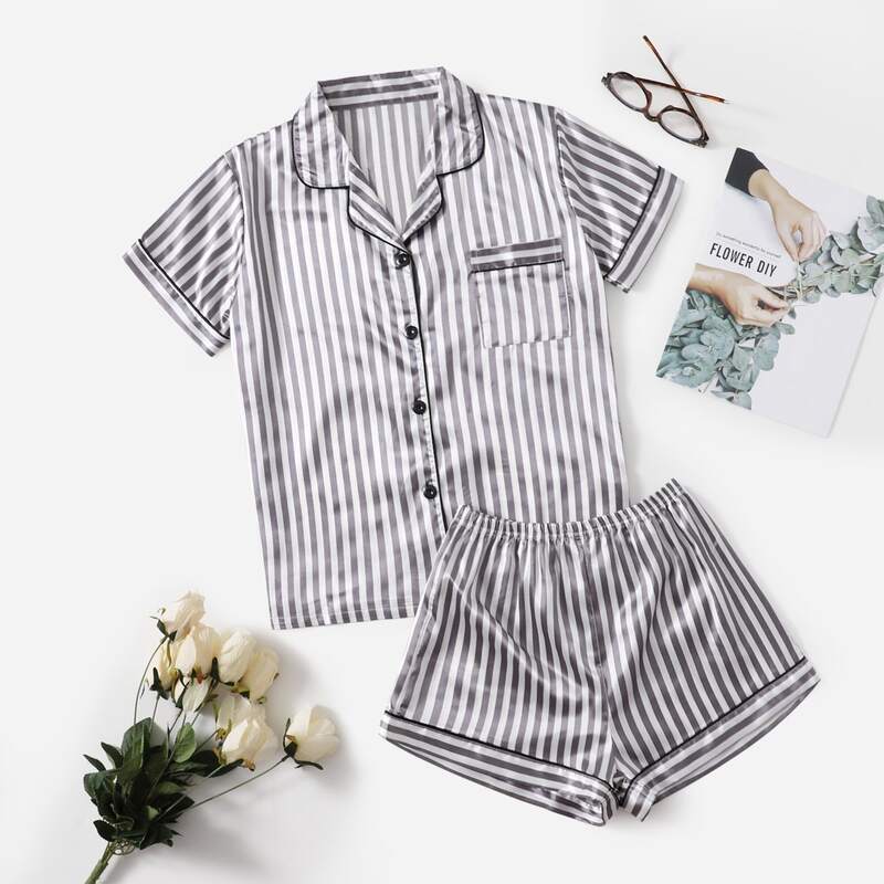 

Vertical Stripe Pocket Button Front Satin Night Set, Grey