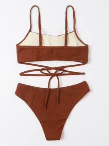 SHEIN Swim Summer Beach Textured Bikini Set Crisscross Tie Back Wireless Bra Top & Bikini Bottom 2 Pieces Bikini Bathing Suit Brown Two Pieces Set - Rust Brown - View 2