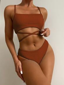 SHEIN Swim Summer Beach Textured Bikini Set Crisscross Tie Back Wireless Bra Top & Bikini Bottom 2 Pieces Bikini Bathing Suit Brown Two Pieces Set - Rust Brown - View 3