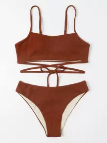 SHEIN Swim Summer Beach Textured Bikini Set Crisscross Tie Back Wireless Bra Top & Bikini Bottom 2 Pieces Bikini Bathing Suit Brown Two Pieces Set - Rust Brown - View 4