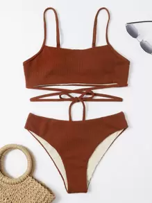 SHEIN Swim Summer Beach Textured Bikini Set Crisscross Tie Back Wireless Bra Top & Bikini Bottom 2 Pieces Bikini Bathing Suit Brown Two Pieces Set - Rust Brown - View 6