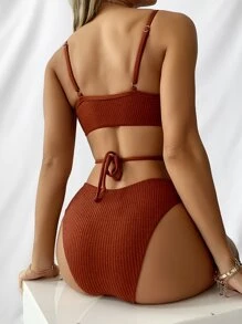 SHEIN Swim Summer Beach Textured Bikini Set Crisscross Tie Back Wireless Bra Top & Bikini Bottom 2 Pieces Bikini Bathing Suit Brown Two Pieces Set - Rust Brown - View 7