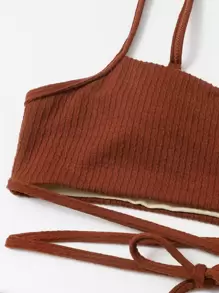 SHEIN Swim Summer Beach Textured Bikini Set Crisscross Tie Back Wireless Bra Top & Bikini Bottom 2 Pieces Bikini Bathing Suit Brown Two Pieces Set - Rust Brown - View 8