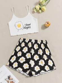 大碼標語和荷包蛋印花吊帶睡衣 - 黑與白 - 查看 1