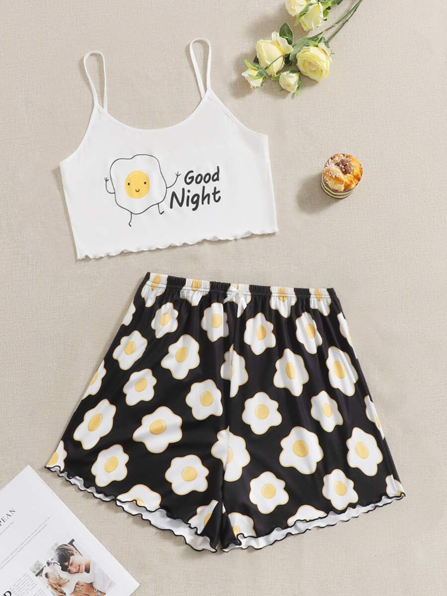 大碼標語和荷包蛋印花吊帶睡衣 - 黑與白 - 查看 1