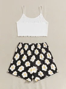 大碼標語和荷包蛋印花吊帶睡衣 - 黑與白 - 查看 2