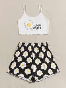 大碼標語和荷包蛋印花吊帶睡衣 - 黑與白 - 查看 4