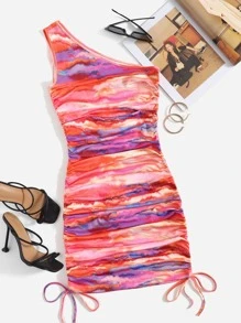 SHEIN Tie Dye One Shoulder Drawstring Hem Bodycon Dress - Multicolor - View 1