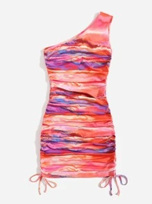SHEIN Tie Dye One Shoulder Drawstring Hem Bodycon Dress - Multicolor - View 2