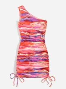 SHEIN Tie Dye One Shoulder Drawstring Hem Bodycon Dress - Multicolor - View 3