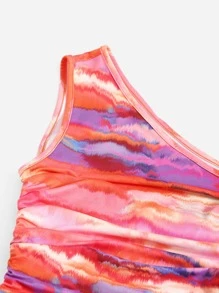 SHEIN Tie Dye One Shoulder Drawstring Hem Bodycon Dress - Multicolor - View 5