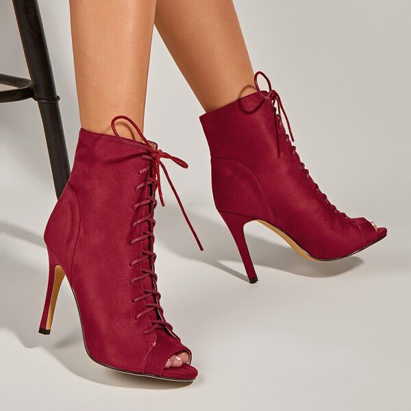 

Peep Toe Lace-up Front Stiletto Heeled Sandals Boots, Burgundy