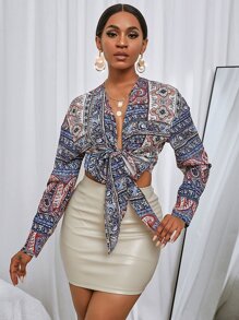 Allover Print Self Tie Top - Multicolor - View 1